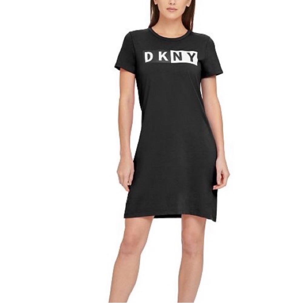 NWT DKNY Black Mini Tee-Shirt Dress SportCotton XL LOGO Stretch Above The Knee